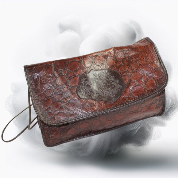 Carlos Falchi Vintage Two Tone Brown Leather Croc Embossed Convertible Shoulder - Picture 2 of 9